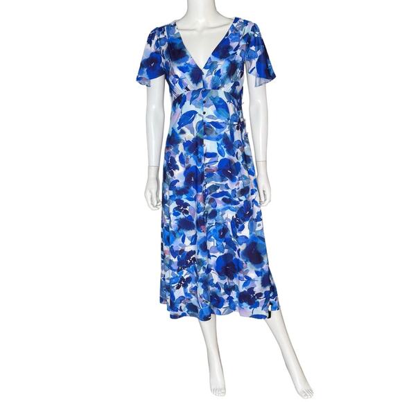 Adrianna Papell Women's Printed Chiffon Midi Dress Blue Multi Sz 4 NWT - Picture 2 of 8